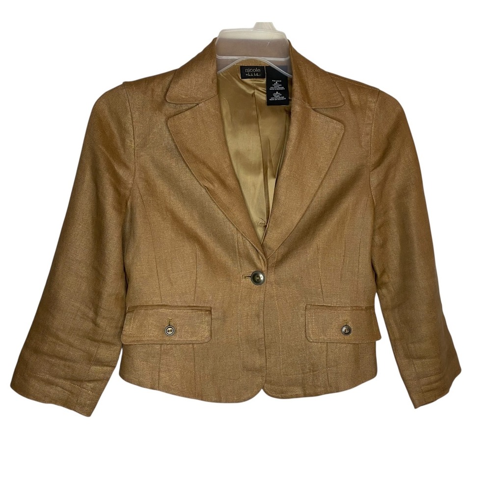 Nicole Miller Women Brown Metallic Linen Cropped Jacket 3/4 Sleeve Blazer Size 6